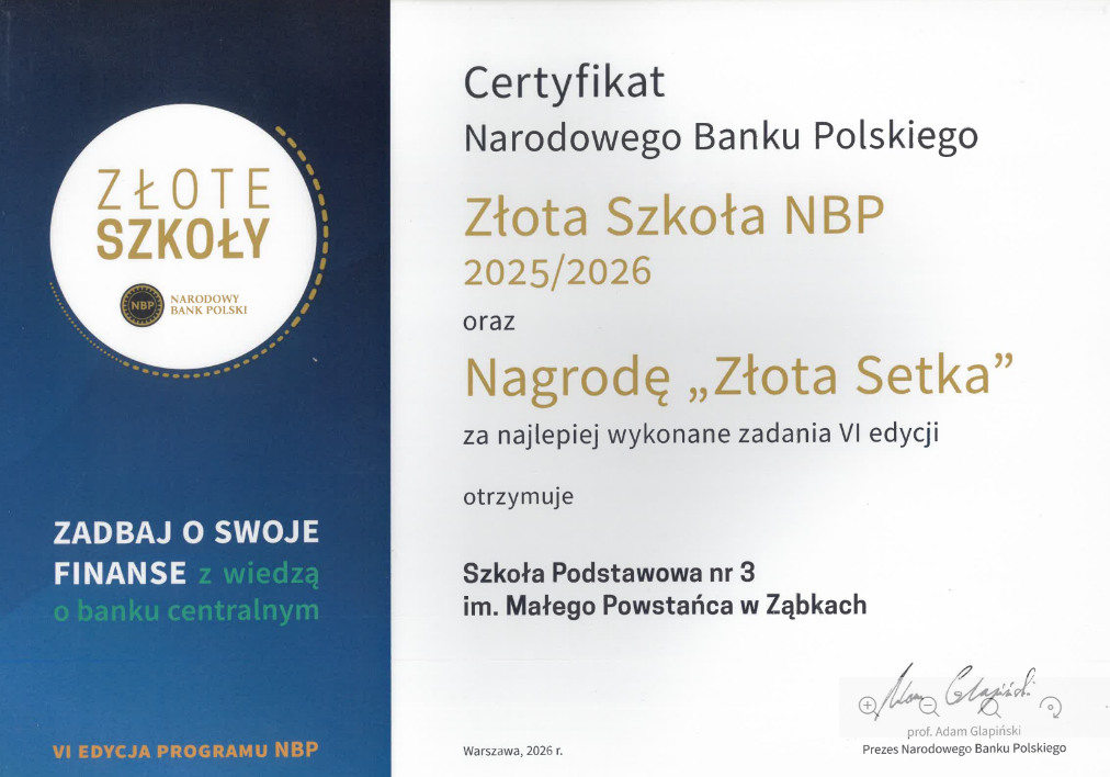 Certyfikat Złota Szkoła NBP
